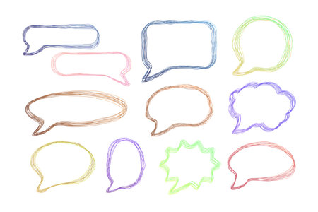 Hand-drawn, colorful speech bubbles different shapes. Vectorのイラスト素材