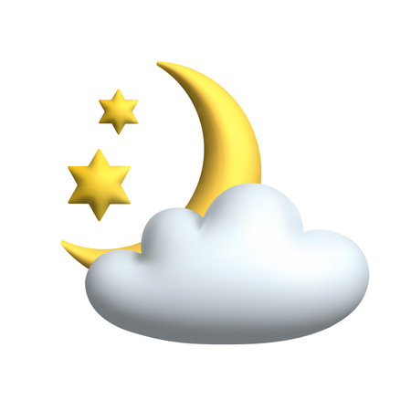 Yellow Crescent Moon with stars and cloud. 3d vector icon. Cartoon minimal style.のイラスト素材