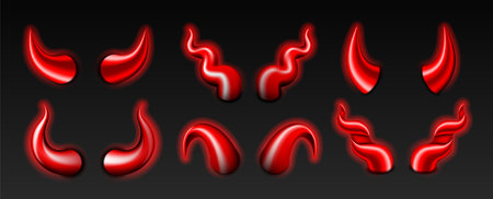 Devil horn set. Set of red glowing demon or satan Halloween carnival elementsのイラスト素材