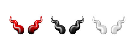 Devil horn set. Black, red and white demon or satan Halloween carnival elements.