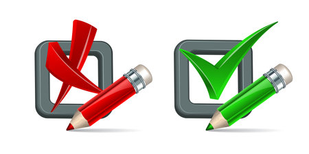 3d Check Marks pros and cons. Green mark and red cross in checkbox.のイラスト素材