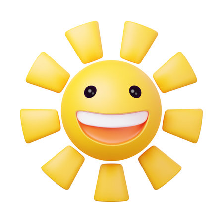 Yellow symbol of the sun isolated on white background. Vector illustration in 3d styleのイラスト素材