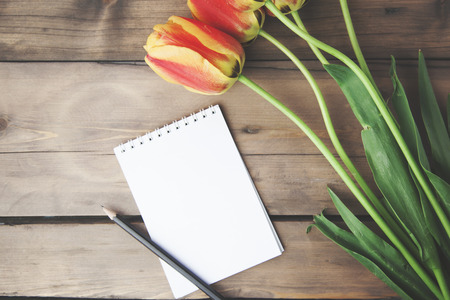 tulips and notepad on wooden tableの写真素材