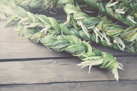 Fresh herbs cut in home garden, on wooden rustic table useful herbsの写真素材