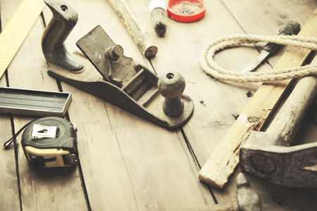 carpenter working,hammer,meter and screwの写真素材
