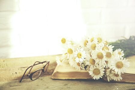 Chamomile flowers and  glaases on book on table on brick wall backgroundの写真素材