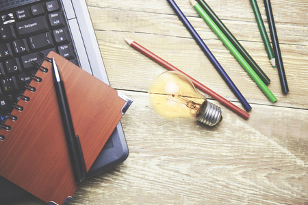 Office desk table with computer  and suppliesの写真素材