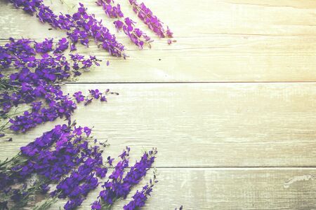 purple flowers on wooden table backgroundの写真素材