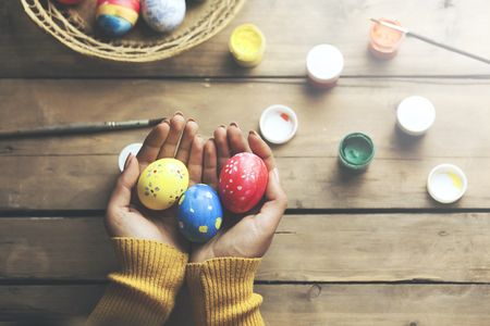 easter, holidays, tradition and object concept - close up of colored easter eggsの写真素材