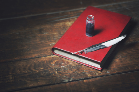 book on the wooden office deskの写真素材