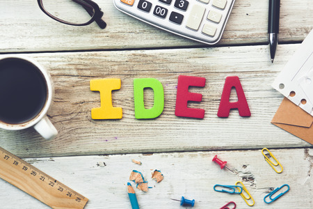 Idea word on wooden tableの写真素材
