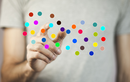 Businessman pressing button virtual interface.の写真素材