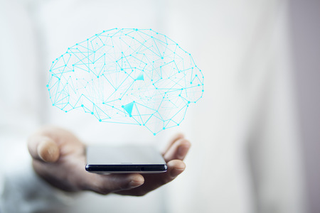 man hand phone with brain