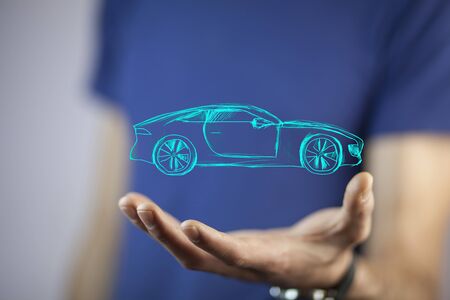 Businessman with giving gesture and icon of car.の写真素材