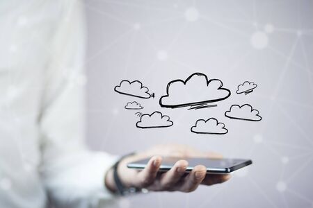 Concept view of cloud stockage with icon around a smartphone