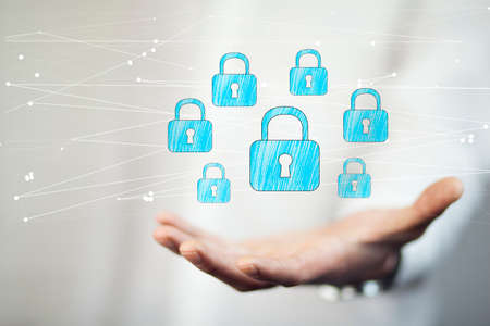 businessman hand locks in screen on white background
