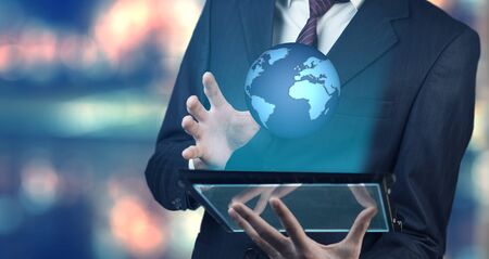 man hand tablet with planet.concept of global business