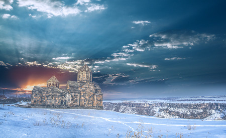 beautiul church in sunset at the winterの写真素材