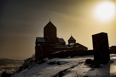 beautiul church in sunset at the winterの写真素材
