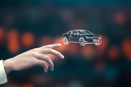 Businessman pressing car front view flat icon over bokeh backgroundの写真素材