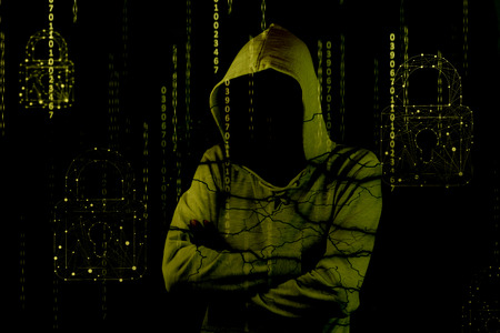 hacker isloated on black with binary codes on background