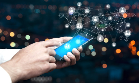 man hand phone with network on screen