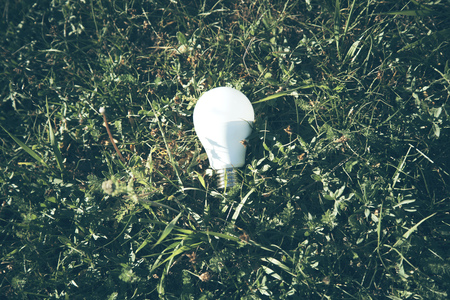 Glowing light bulb hanging above grass symbol of ecological energyの写真素材
