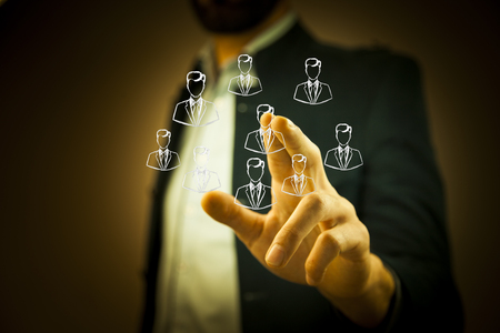 young man hand pressing Social Network iconの写真素材