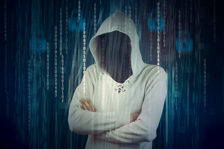 Computer hacker silhouette of hooded man with binary data and network security terms