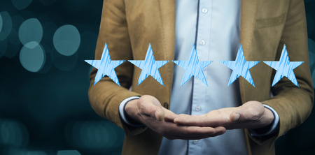 young man hand five stars in screen