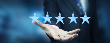 young man hand five stars in screen