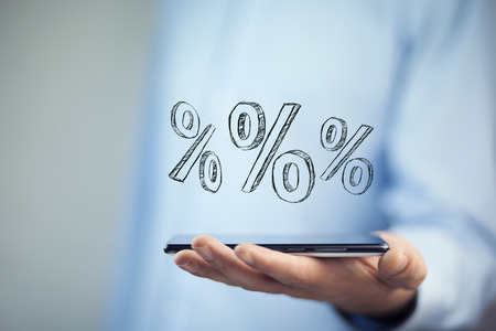 man hand phone with percent icon of media screenの写真素材