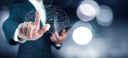 business man finger touching brain image in screen