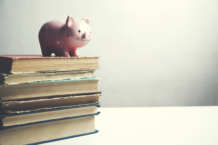Pink Piggy bank on top of booksの写真素材