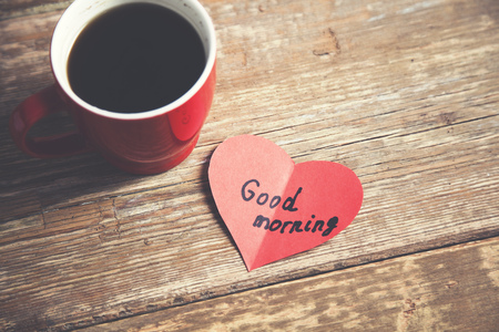 coffee with good morning text on heartの写真素材