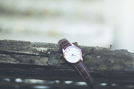 man elegant watch on wood of treeの写真素材