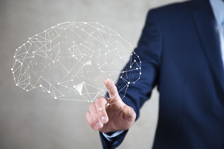man finger touching in brain in screen