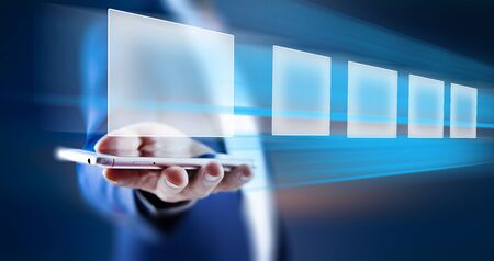 young man hand phone with screen interface