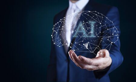 AI text with brain in man handの写真素材