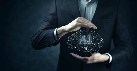 AI text with brain in man handの写真素材