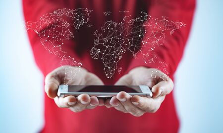 man hand phone with map in screenの写真素材