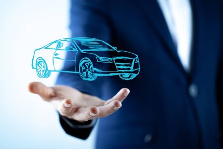 man hand  car model in screen