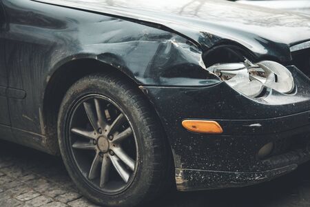 Broken car close up view, road accidentの写真素材