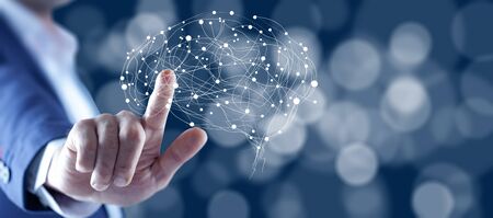 man hand brain in screen on bokeh background