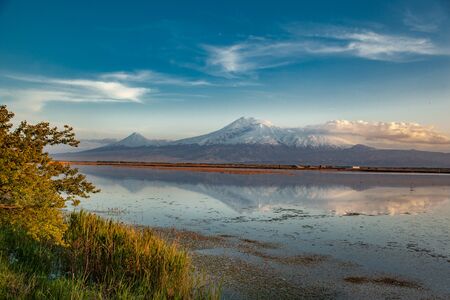 ararat mountain with lake under blue skyの写真素材
