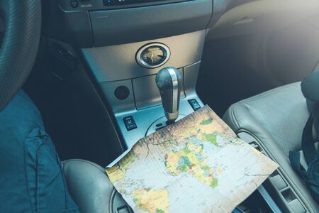 the world map on  the car backgroundの写真素材