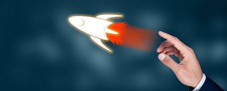 man touching in rocket in screen on bokeh background