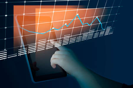 woman hand tablet with network in screen