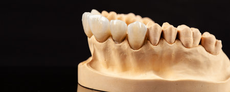 Close-up view of dental layout of upper veneers of teeth prothesisの写真素材