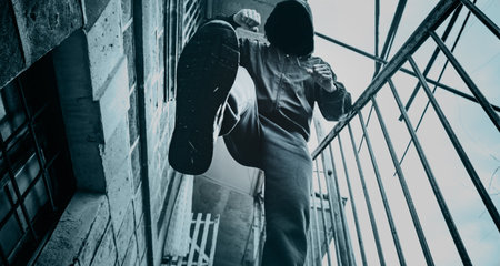angry hacker in street on dark background